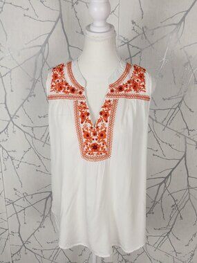 Solitaire White Orange Floral Embroidered Collared V-Neck Tank